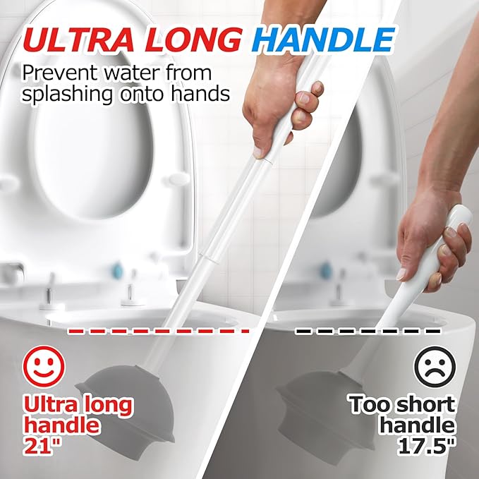 2Pack 2 in 1 Toilet Brush and Plunger Set, Extended Handle Plunger，Toilet Bowl Brush Plunger Set,Bathroom Cleaning Tools ，Toilet Brush Plunger Combo，Cleaning Brush，Cleaning Supplies(White)