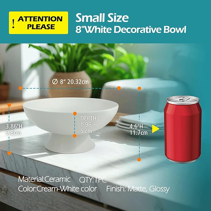 White Pedestal Decorative Bowl - 8" Minimalist Decorative Fruit Bowl for Kitchen Counter, Entryway,Multi-Purpose Centerpiece bowl for Bread, Snacks, Candy, Perfect for Housewarming &Wedding Gift