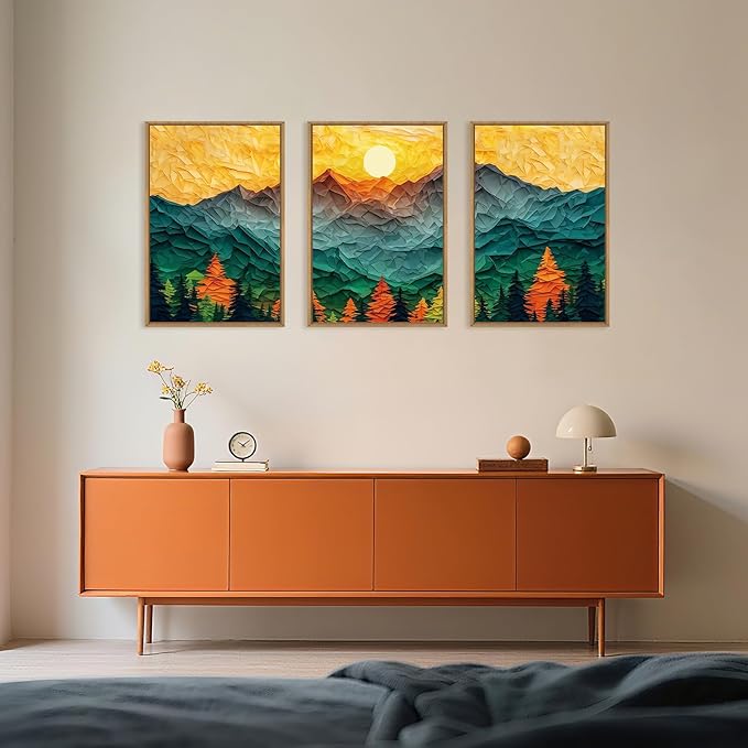 Abstract Mountain Framed Canvas Wall Art Set, Forest Pine Tree Golden Sunset Wall Decor, Mixed Patchwork Landscape Art Print for Living Room, Bedroom, Dining Room, Office - 16"x24"x3