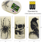 Wondise Halloween Flickering Flameless Candles with 6hrs Timer, Battery Operated LED Real Wax Candles Set of 3 Skull, Spider Web, Crow Raven Decals Halloween Home Decoration Gifts(3 x 3 x 6 Inch)