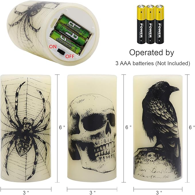 Wondise Halloween Flickering Flameless Candles with 6hrs Timer, Battery Operated LED Real Wax Candles Set of 3 Skull, Spider Web, Crow Raven Decals Halloween Home Decoration Gifts(3 x 3 x 6 Inch)