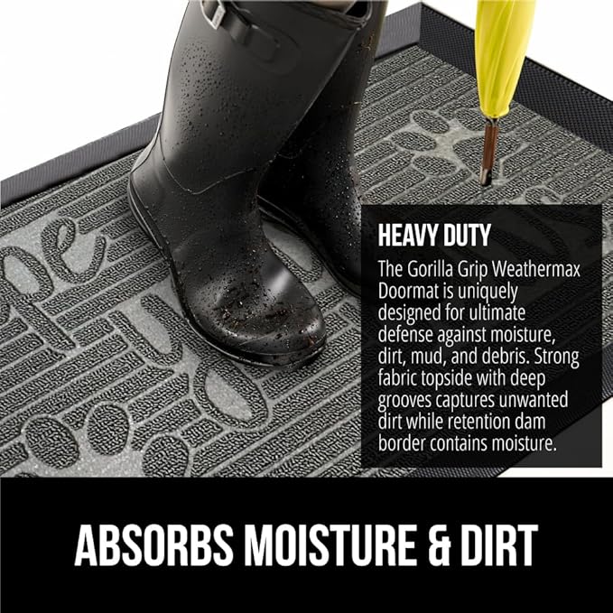 GORILLA GRIP 100% Waterproof All-Season WeatherMax Doormat US Designed Natural Rubber, Stain and Fade Resistant, Low Profile Indoor Outdoor Door Mats, Easy Clean Patio Mat, 17x29, Stone Paws