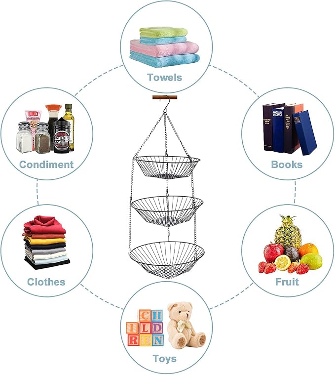 3-Tier Wire Fruit Hanging Basket 2 Packs,non-Punching Wall Hanging Storage,Kitchen Bathroom Organization Basket,Suitable for Bathroom,Kitchen,Closet,Garden,Black