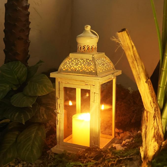 DECORKEY Lantern Decorative Indoor&Outdoor, 14.4'' Large Metal Candle Lanterns, Vintage Hanging Candle Holders Farmhouse Shelf Wedding Front Porch Patio Decor, Halloween Christmas Decorations for Home