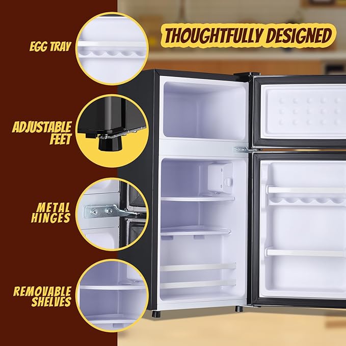2.4 Cu.ft Mini Fridge with Freezer Compact Fridge Refrigerator Dual Door Small Fridge Senven Temp Gear Removable Shelves Dark Grey