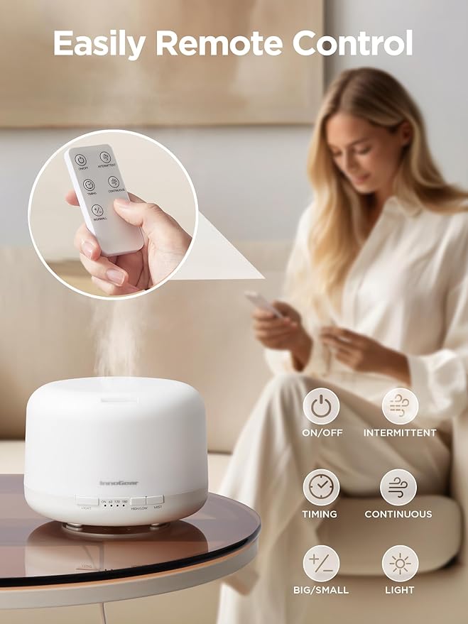 InnoGear 500ml Essential Oil Diffuser with Remote Control, Premium Ultrasonic Aromatherapy Diffusers Scent Humidifier Vaporizer Auto-Off Timer for Large Room Home, Basic White