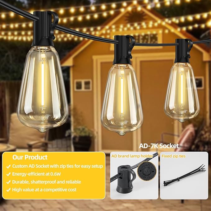 ST38 50FT LED Outdoor String Lights with 25+2 Spare Bulbs, E12 Socket, 2700K Warm White-for Backyard, Wedding, Camping, Porch, Deck, Gazebo, Bistro Decor