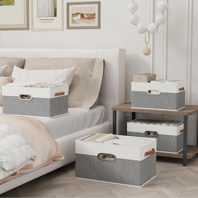 Yawinhe Fabric Storage Bins with Handles, Foldable Baskets for Shelves, Cubes with 3 Handles, Large Boxes for Clothes, White/Grey, 16.9''Lx11.8''Wx10.2''H, 6-Pack