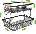 2 Tier Fruit Basket for Kitchen Counter with 2 Banana Hangers, Countertop Metal Fruit Bowl with Wooden Handle, Large Storage Stand for Vegetables, Snacks, Breads, Produce Storage – Black
