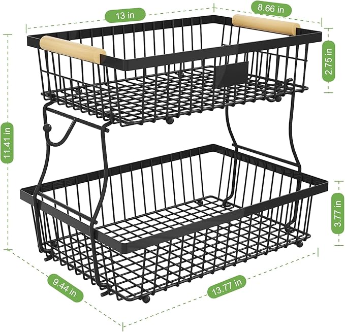 2 Tier Fruit Basket for Kitchen Counter with 2 Banana Hangers, Countertop Metal Fruit Bowl with Wooden Handle, Large Storage Stand for Vegetables, Snacks, Breads, Produce Storage – Black