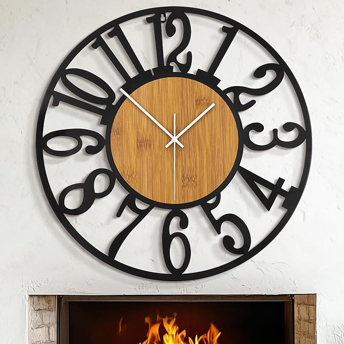 LEIKE 30" Oversized Large Wall Clocks,Silent,Non Ticking,Battery Operated Modern Round Big Wood Decorative Metal Wall Clock for Living Room, Bedroom,Kitchen,Farmhouse,Office Decor - Black,30 Inch