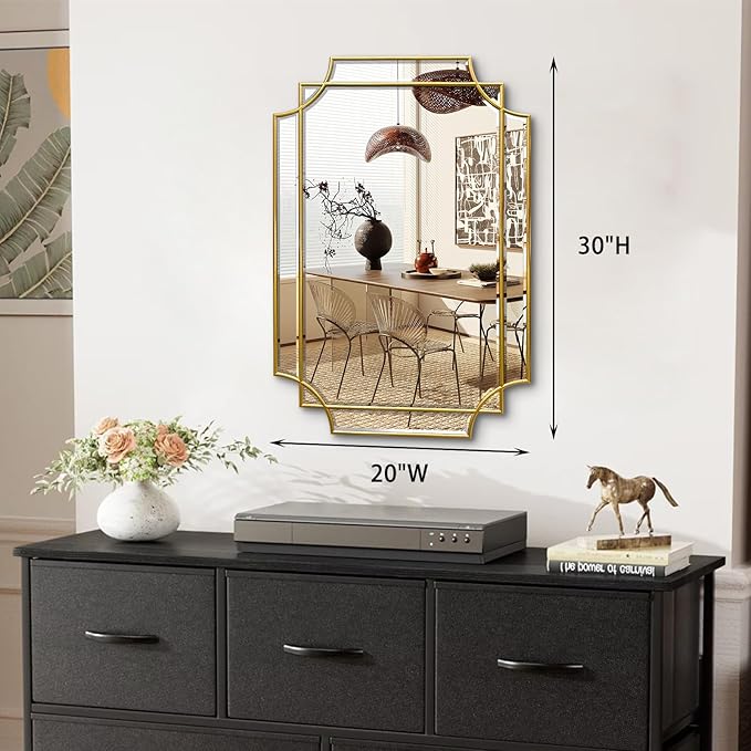 30x20 Inch Gold Bathroom Mirror, Wooden Frame with Scalloped Polished Beveled Glass, Modern Art Wall Decor for Vanity, Irregular Rectangle Mirror for Bedroom, Living Room, Fireplace & Entryway