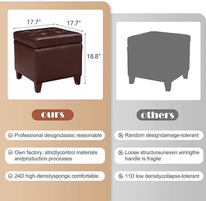 Adeco Bonded Leather Square Tufted Footstool, 18", Brown Storage Ottomans,
