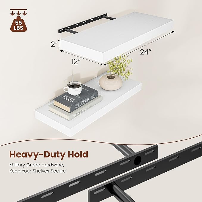 White Floating Shelves for Wall, 24 Inch X 12 Deep Shelves for Room Wall Mounted，2" Thick Heavy Duty Holds 55lbs Floating Shelf for Bedroom Bathroom Kitchen Laundry Room, Set of 2