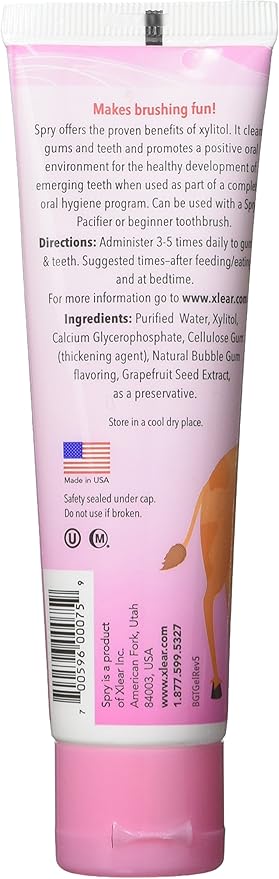 Spry Natural Xylitol Toothpaste for Baby, Toddler and Kids Age 3 Months and Up - Fluoride Free Tooth Gel, Tasty, Support Development of Emerging Teeth, Bubble Gum 2 Fl Oz (Pack of 3)