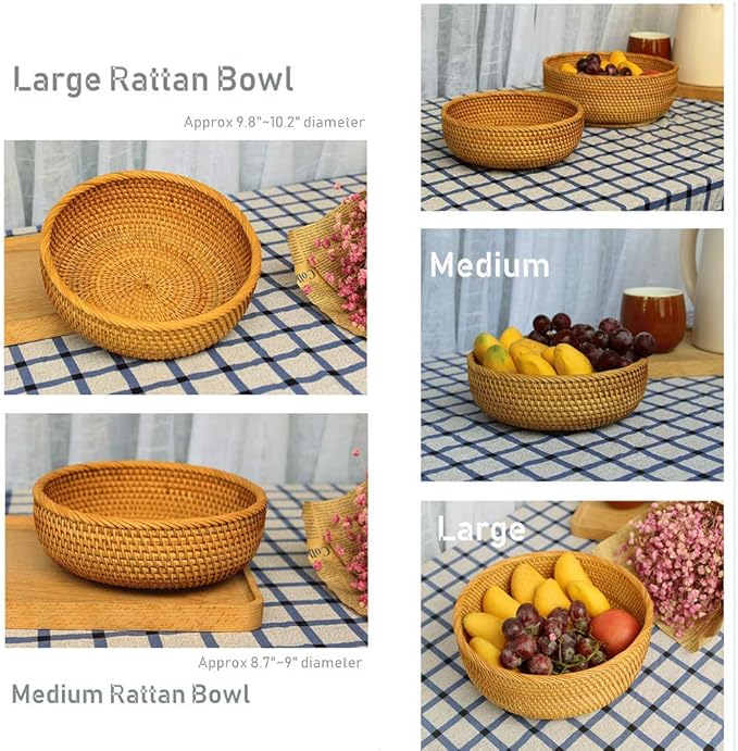 Hadewoven Round Rattan Fruit Basket Wicker Food Tray Weaving Storage Holder Dinning Room Bowl, 10 Inch Woven Bread Basket Key Bowls with 4”Wall for Table, Countertop (Large 9.8")