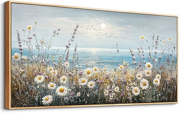 PHAOHUAXM Large Canvas Printing Artworks Mural Wall Decor For Living Room Wall Art For Bedroom Office Decor Blue Ocean Paintings Flowers Watercolour Wall Pictures Home Decor Wood Framed 30x60 In