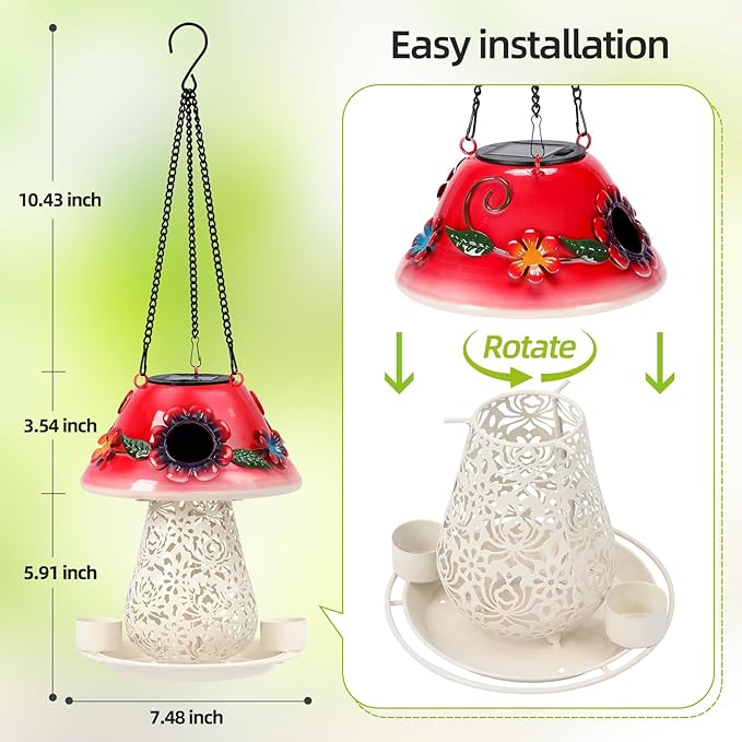 Mushroom Solar Bird Feeders for Outdoors Hanging Metal Wild Bird Feeder Garden Lantern with S Hook for Garden Decoration red