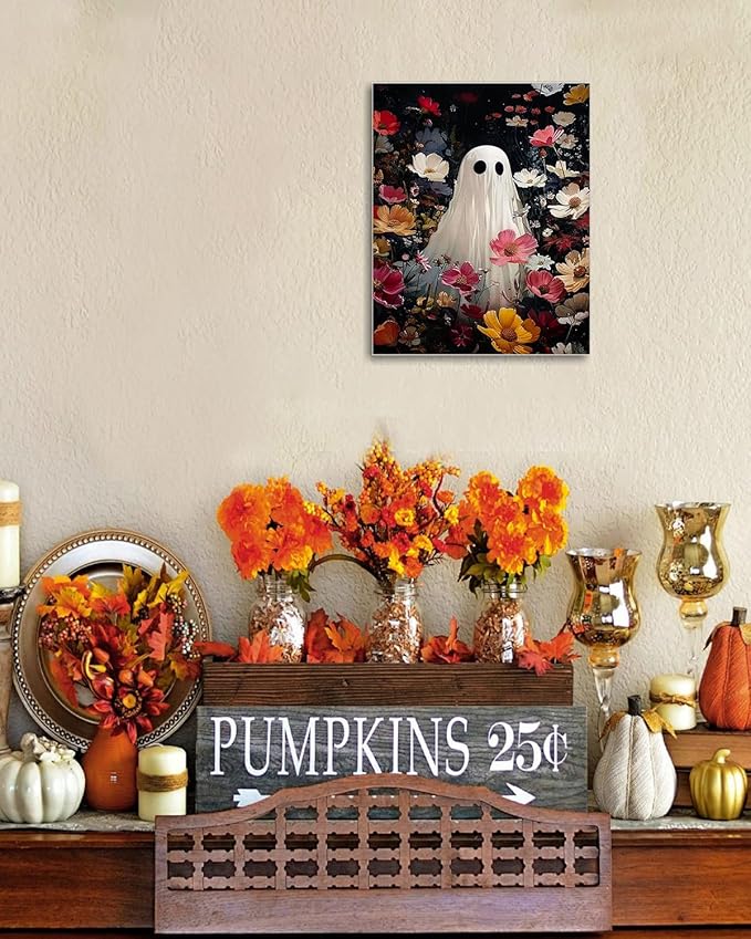 Halloween Canvas Wall Art,Vintage Cute Ghost & Wildflowers Framed Poster, Spooky Fall Decorations for Indoor, Gothic Dark Academia Wall Decor, Funny Halloween Decorations for Living Room Bedroom