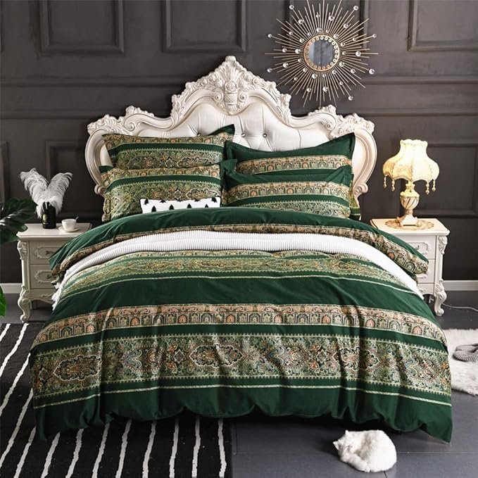 ABREEZE Bohemian Vintage King Size Floral Cotton Bedding Set 3Pcs Duvet Cover Set Boho Green Paisley 100% Egyptian Brushed Cotton Reversible Home Bedding Collection