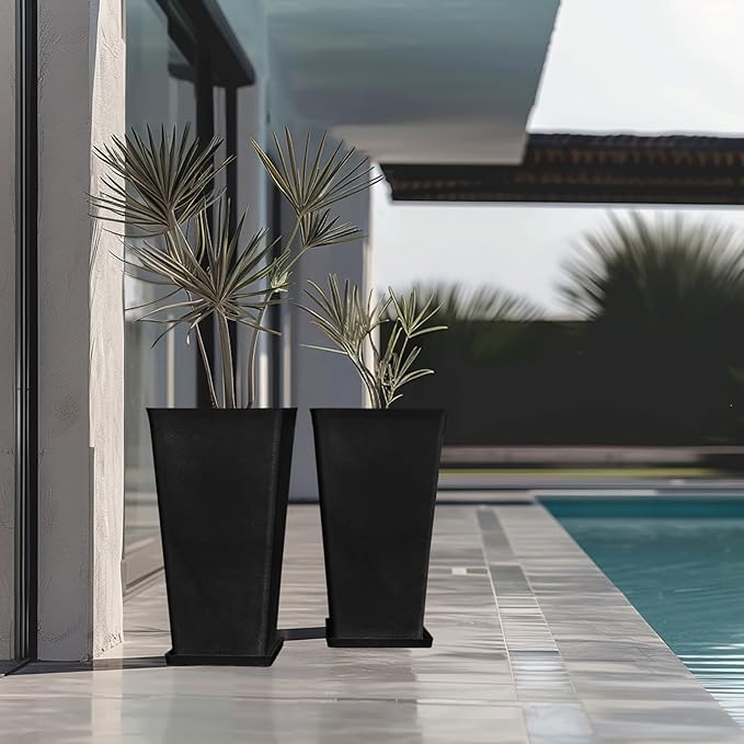 LA JOLIE MUSE 26 inch Tall Black Planters for Outdoor Plants,Set of 2 Tapered Planters with Trays,V-Shape Rectangular Garden Planters for Front Door, Patio and Deck