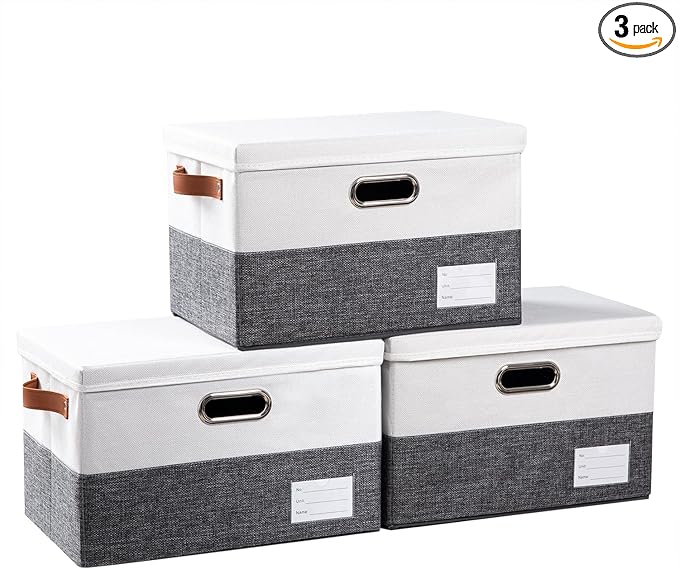 PRANDOM Foldable Storage Bins with Lids [3-Pack] Fabric Collapsible Storage Boxes Baskets Cubes Containers with Handles for Closet Living Room Bedroom (Grey & White 14.9x9.8x9.8'')