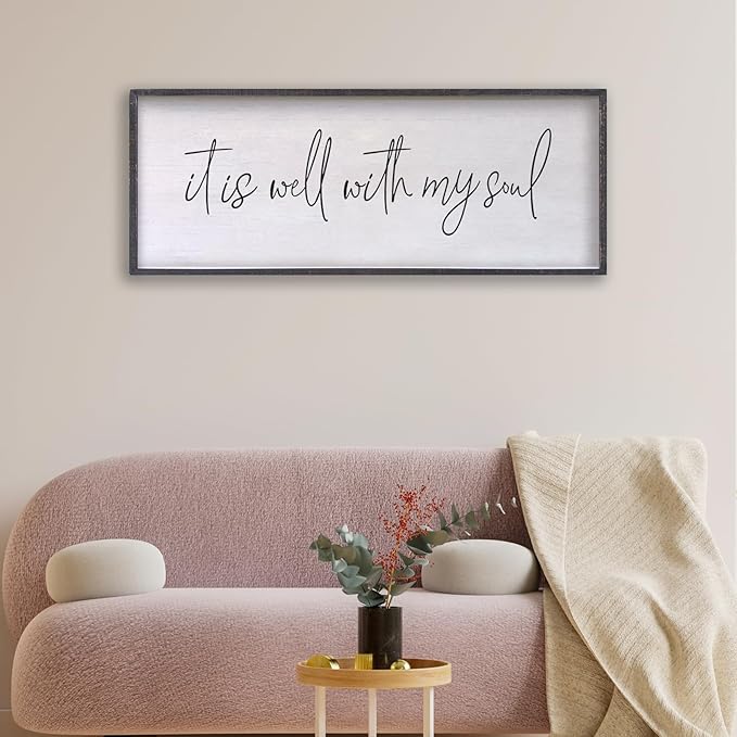 It Is Well With My Soul Wall Decor 32"x12" Bible Verse Christian Scripture Wood Framed Art Sign for Master Bedroom Living Room(Black)