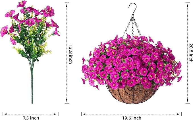Ivydale Artificial Silk Hanging Plants Flowers Basket for Outdoor Outside Summer Decoration, Fake Faux UV Sun Resistant Look Real Morning Glory Fuchsia for Porch Patio Balcony Home