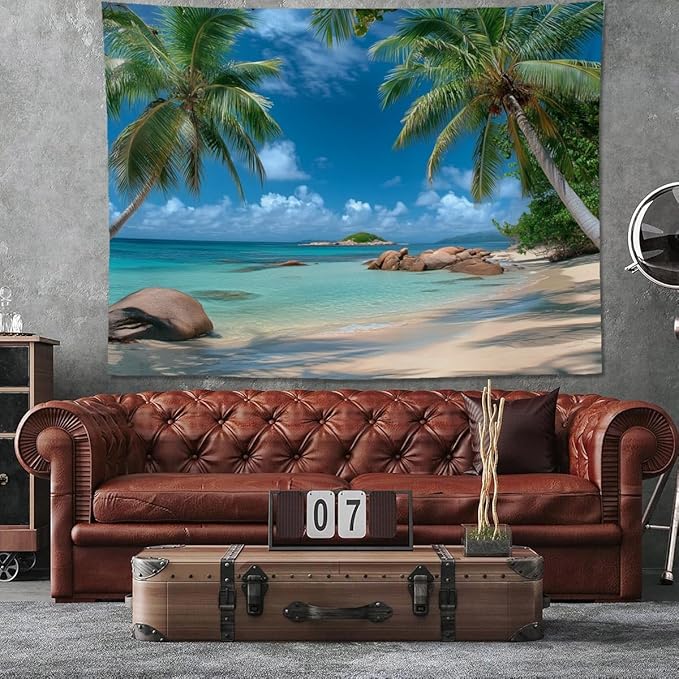 keowhsf Beach Summer Ocean Tapestry – Tropical Palm Trees Wall Hanging Decor with Blue Sky and Seaside Scenery, Nature Landscape Tapestry for Bedroom Living Room Dorm