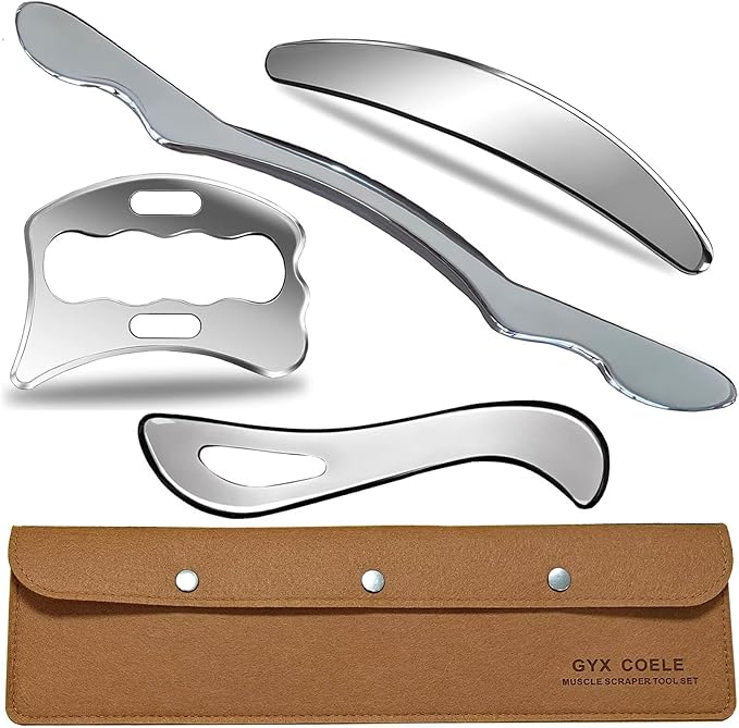 Stainless Steel Muscle Scraper Tool Set, 4-Piece Professional Scraping Tool Physical Therapy Kit with Carrying Case