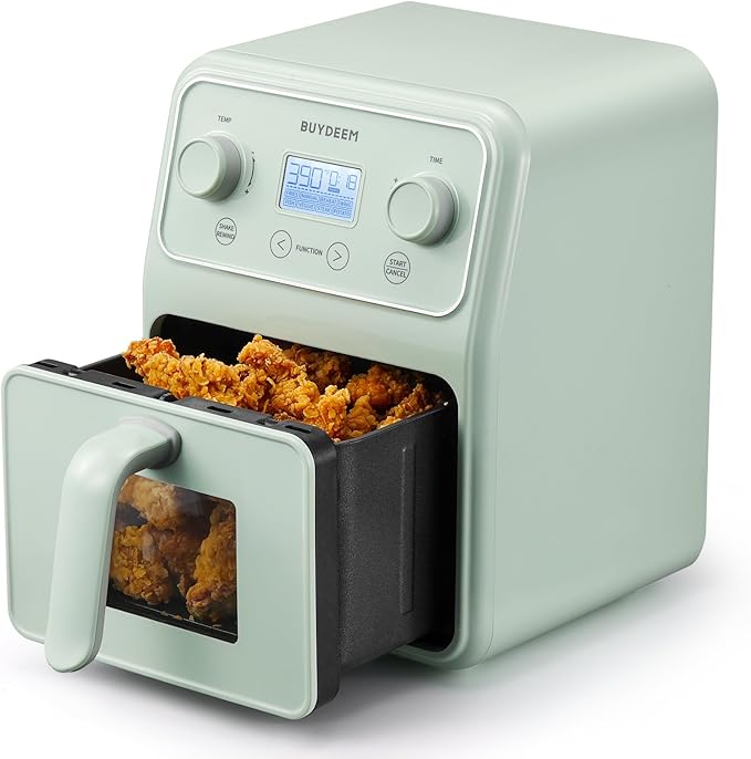 BUYDEEM F51 8-in-1 Air Fryer 4.2QT, Retro Countertop Airfryer Oven with Visible Window, Shake Reminder, One-touch Control with LCD Display, Cozy Greenish