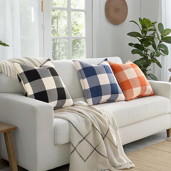 decorUhome Buffalo Plaid Check Throw Pillow Covers 16x16 Set of 2, Outdoor Decorative Farmhouse Neutral Pillow Covers with Stitched Edge for Bed Couch Sofa, Navy Blue and White
