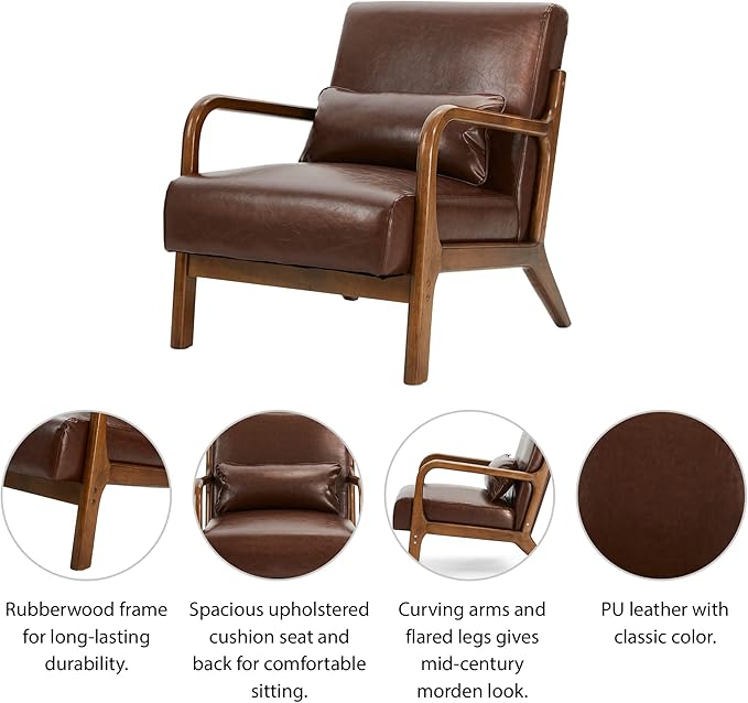 Glitzhome 30.75 "H Mid Century Coffee Accent Armchair, Single Reading Armchair PU Leather Lounge Chair with Walnut Ruberwood Frame