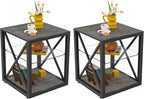 Farmhouse End Table Set of 2, Modern Side Table with 3-Tier Storage Shelf, Square Rustic Nightstand, Accent Tea Table, for Bedroom Office Living Room, Grey, Natural Wood, Glass, Metal