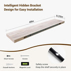 48 Inch Floating Shelves, 3D Textured Wood Grain, 48"x9.25"x1.5" Inch Deep Floating Shelves for Wall, Wooden Shelves for Bathroom, Bedroom, Living Room, Washed White