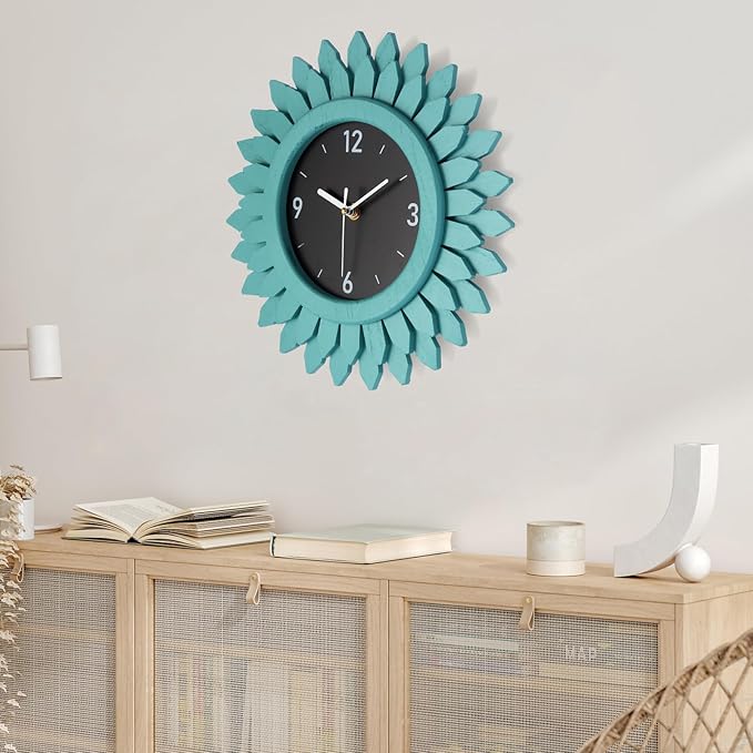 Honiway Wall Clock Battery Operated 12 Inch Rustic Wood Beach Sunburst Decorative Wall Clock Silent Non-Ticking Coastal Wall Decor Clocks for Living Room Kitchen Bathroom Bedroom (Cyan)