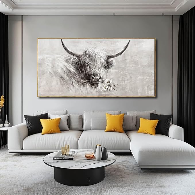 Farmhouse Decor Framed Wall Animal and Flower Artwork Grey Vintage Cow Wall Art with Frame for Living Room Bedroom Dining Room Office 29x58 Inch