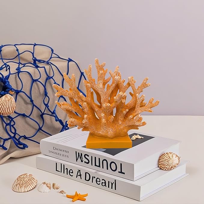 5.8" H Orange Coral Decor - Resin Coral Statue, Nautical Decor for Home, Bedroom, Bathroom, Living Room, Ocean Themed Cabinet Shelf Tabletop Decoration