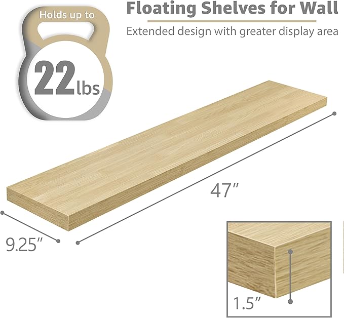 Sorbus Floating Shelves for Wall - 48 Inch Long Bathroom Shelves, Wall Decor for Bedroom, Kitchen, Living Room & Book Storage - Mounted Floating Shelf with Invisible Brackets (Maple Wood, 2 Pack)