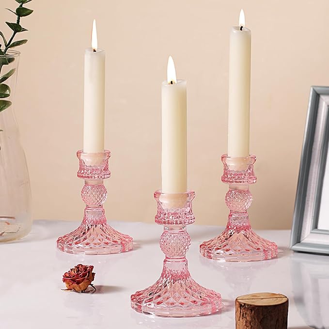 12Pcs Pink Candlestick Holders Set- 4" H Taper Candle Holders Bulk, Glass Candle Holders for Wedding, Party, Romantic Dinner Table Centerpieces, Festival Gifts & Windowsill Decor