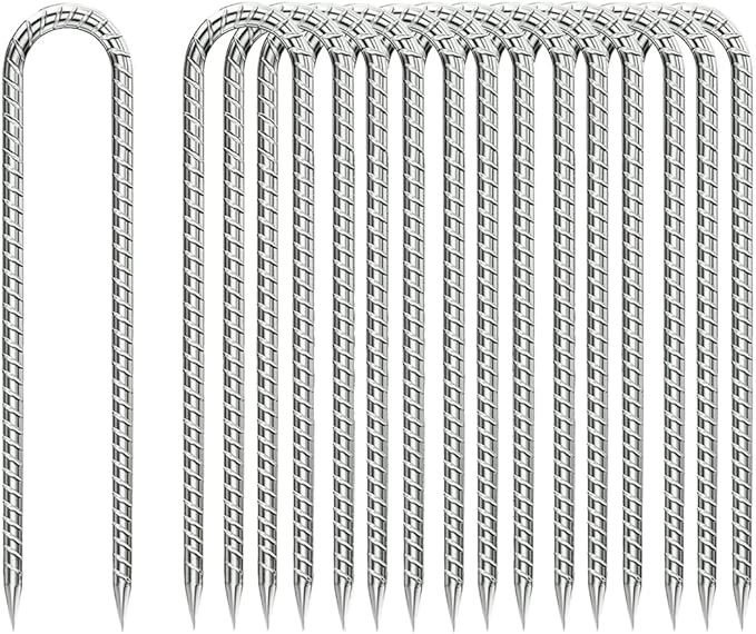 Ground-Stakes-Heavy-Duty-12 inch, U-Hook Rebar Stakes Galvanized Anti-Rust 20pcs Garden Stakes Metal Ground Anchors for Garden Dog Fence Chicken Coop Tent Trampoline Accessories Deer Fence