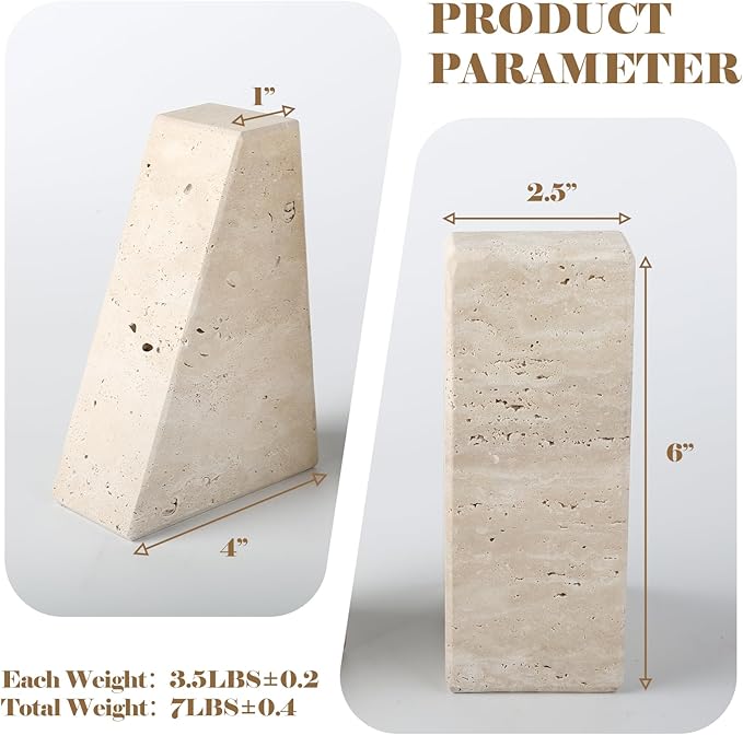 Travertine Bookends for Heavy Books, Marble Decorative Bookends for Shelves, Heavy-Duty Stone Book Ends for Hardback Book & Cookbooks, Unique Book Stopper & Holder, Travertino Italy