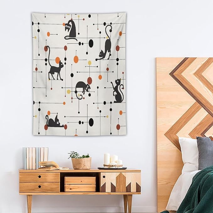 ICMOLYYENLO Abstract Cat Tapestry, Medieval Abstract Atomic Star Cat Vintage Home Wall Hanging Art Tapestry for Bedroom Living Room Dormitory 30x40 Inch