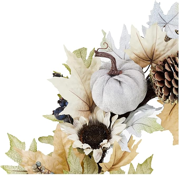 Admired By Nature 24 Inch Artificial Pumpkin Sunflower Fall Wreath Wall Door Farmhouse Decor For Home Office Thanksgiving Harvest Wreaths For Front Door Cemetery Wreaths Indoor Outdoor, Rustic White