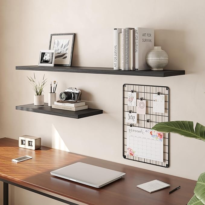 Wall Shelf Set of 2,Dark Wood Floating Shelves 24 in W x 10 in D x 1 in H, Wooden Floating Wall Shelf with Invisible Brackets for Living Room/Bedroom/Bathroom/Kitchen Storage and Decor