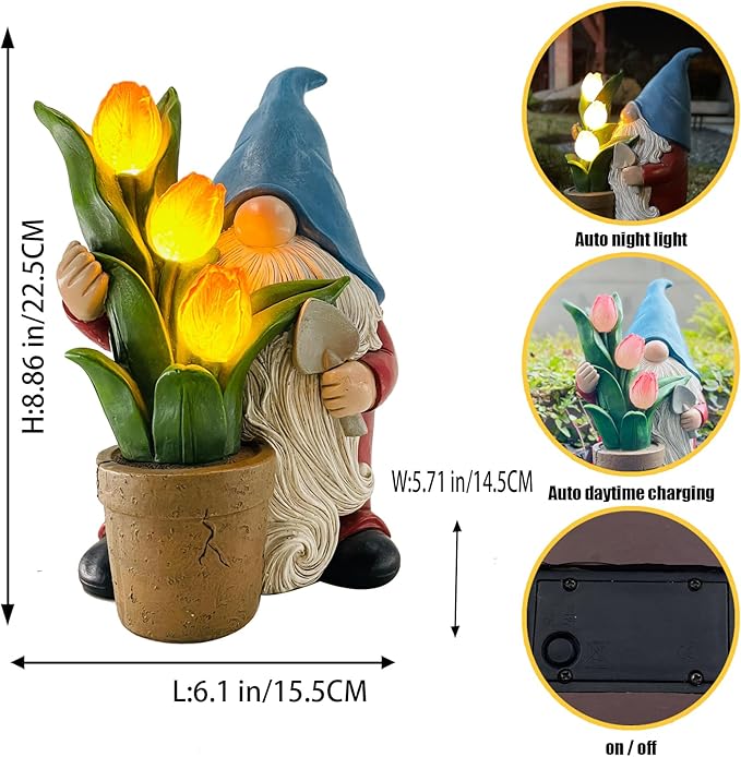 COWOS Garden Gnome Statue, Sculpture of a Dwarf Holding a Shovel and a Flower Pot, Solar Gnome Statues Outdoor Decor, Outside Lawn Patio Yard Ornament Gifts