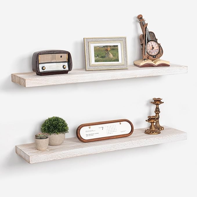 Axeman Floating Shelves for Wall - 32''W x 8'' D Rustic Solid Elm Wood Shelves for Storage, Wall Mounted Display Shelving with Invisible Heavy-Duty Metal Bracket (White Wash, 2PCs)