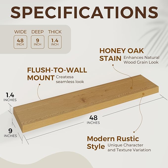 48 inch Floating Shelves for Wall Large Wall Mounted Shelves with Invisible Brackets, Oak Long Shelves for Bathroom, Living Room, Kitchen, Office, 48x9.1 inch deep Set of 2