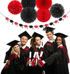 Red Black Party-Decoration Graduation Banner - 14pcs Kits Cap Garland Streamers, Paper Tissue Pom Poms Flowers Fans Honeycomb,Class Of 2025 College High School Grad Decor Hugfond