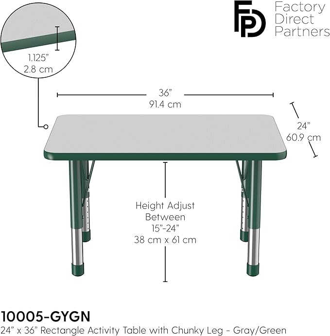 FDP Rectangle Activity School and Classroom Kids Table (24 x 36 inch), Chunky Toddler Leg, Adjustable Height 15-24 inches - Gray Top and Green Edge